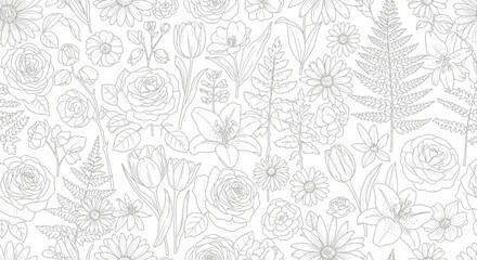 Fototapeta premium Seamless floral pattern. Elegant hand-drawn outline flowers and leaves background. Botanical illustration with roses, tulips, lilies, and ferns.