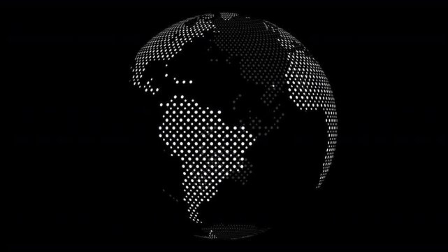 White Dot Diamond Diagonal Pattern Globe World Rotating on Black Background Seamless Loop - Spinning globe made with dotted Circle world map