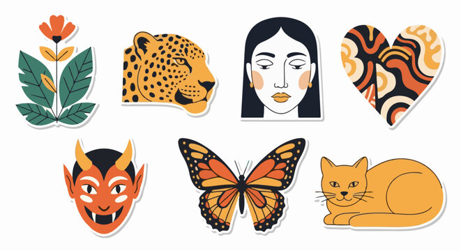 Diverse stylized illustrations including animals, a face, and abstract heart