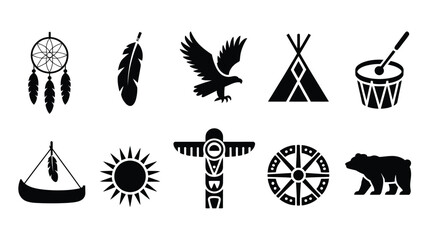 Native american cultural icons dreamcatcher feather canoe eagle teepee drum bear. © SabitaRani