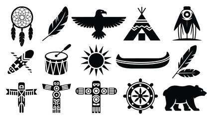 Set of native american icons containing traditional culture symbols for various designs. © SabitaRani