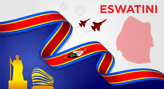 Eswatini National Day Background with Waving Flag Ribbon, Map and Skyline Vector Illustration