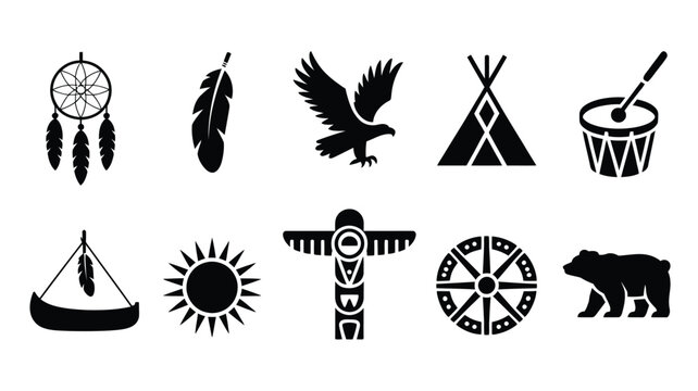 Native american cultural icons dreamcatcher feather canoe eagle teepee drum bear.