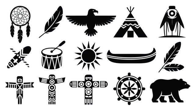 Set of native american icons containing traditional culture symbols for various designs.
