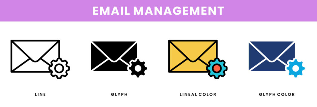 Email Management Icon Set in Line, Glyph Black , Lineal Color, and Blue Glyph Styles for Mail Communication Concept