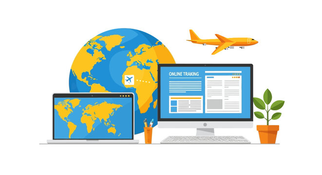 Online Travel Booking: Laptop, Computer, Globe, Airplane, Plant