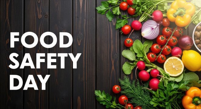 Premium dark wooden banner layout with a colorful side border of fresh vegetables for food safety day