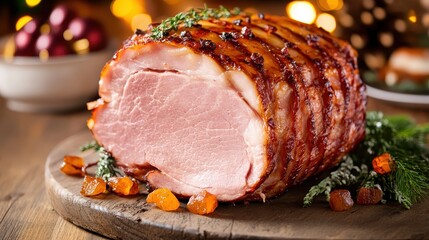 Obraz premium A beautifully roasted ham centerpiece for an elegant Christmas dinner table, showcasing warm lighting and festive holiday decorations.
