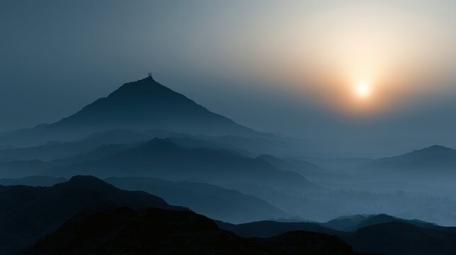 arafat pilgrimage background, mountain silhouette, spiritual sunrise scene
