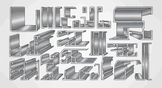 Collection of various metallic extrusion profiles, diverse shapes and cross-sections