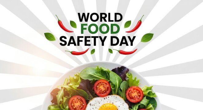 World Food Safety Day banner with fresh vegetables on sunburst background


