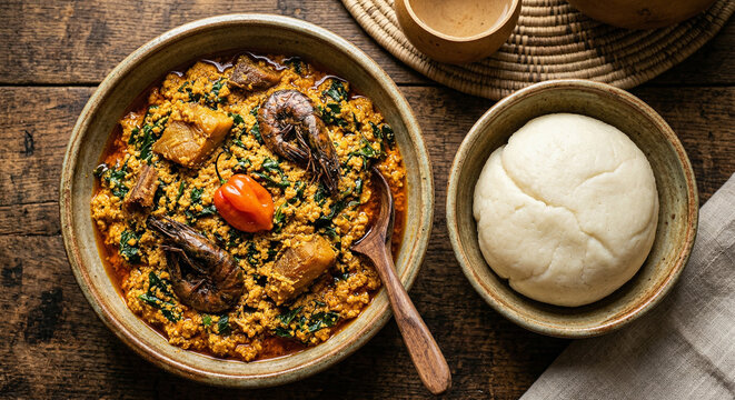 West African egusi soup with pounded yam and smoked prawns