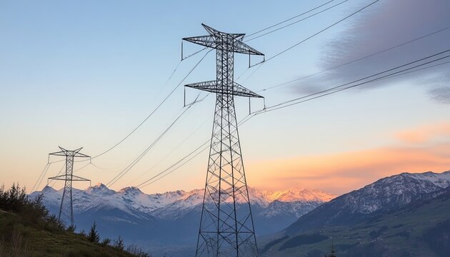 Breathtaking Sunset Over Mountains with High Voltage Transmission Towers Silhouetted Against Sky