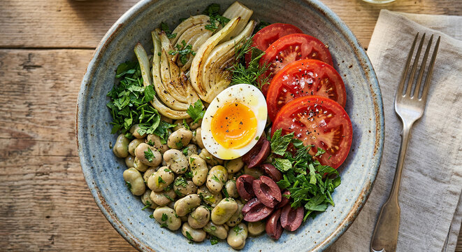 Blue zone inspired longevity bowl with healthy Mediterranean ingredients