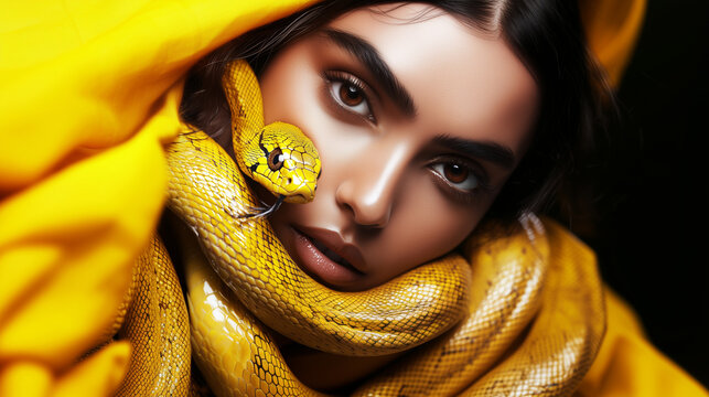 Mysterious woman with a yellow snake wrapped around her face