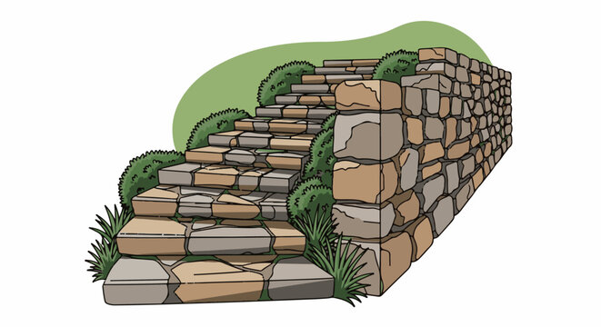 Stone steps and wall with greenery ascend a gentle slope