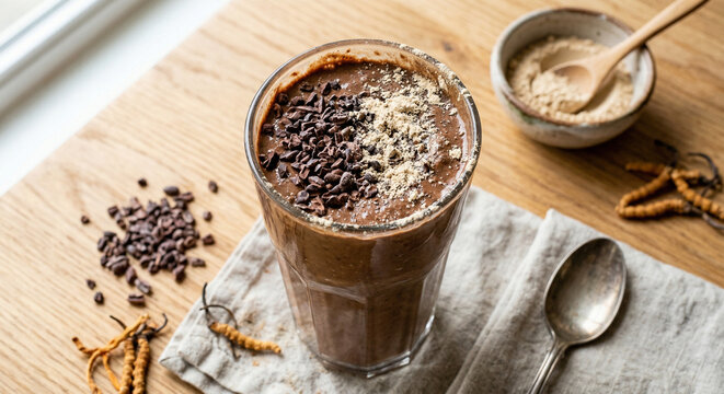 Cordyceps mushroom pre-workout smoothie with cacao and almond butter