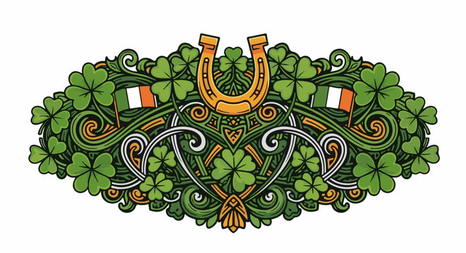 Ornate clover and horseshoe design with Irish flags and intricate green patterns