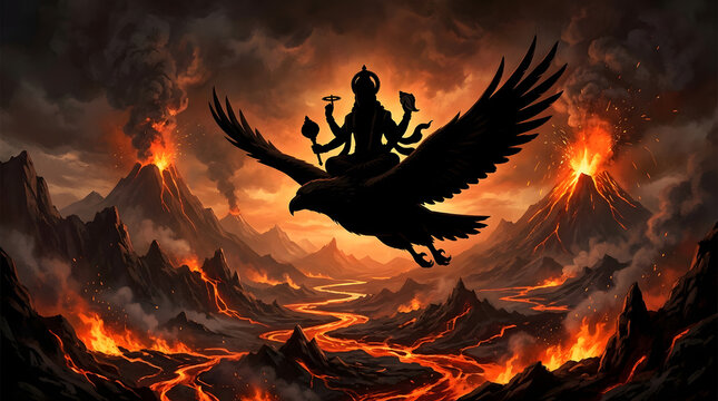 Nirjala Ekadashi Lord Vishnu riding Garuda over volcanic lava
