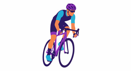 Naklejka premium Stylized cyclist races on purple bicycle, wearing helmet and sunglasses