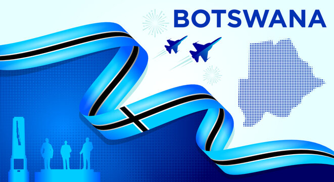 Botswana National Day Background with Waving Flag Ribbon, Map and Skyline Vector Illustration