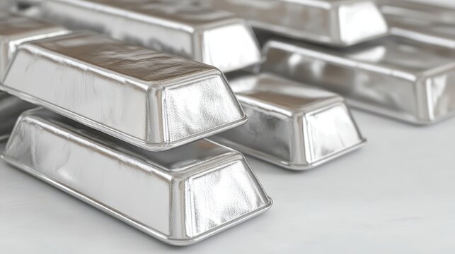 A close-up view of gleaming silver bars, representing precious metal investment and financial wealth.