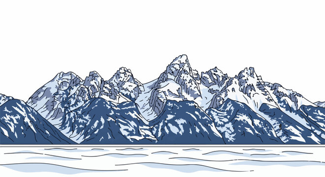 Snow-capped mountain range depicted in a stylized, two-dimensional art style