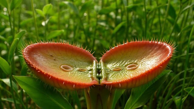 Close-up of a Venus flytrap opening its carnivorous leaves in a lush green environment.