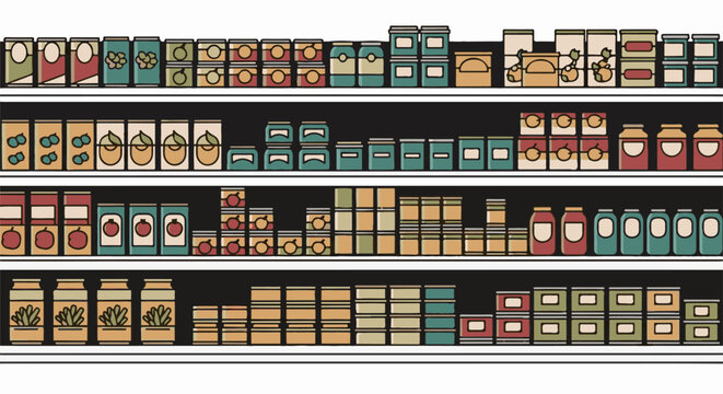 Illustrated shelves packed with a variety of canned and jarred food items