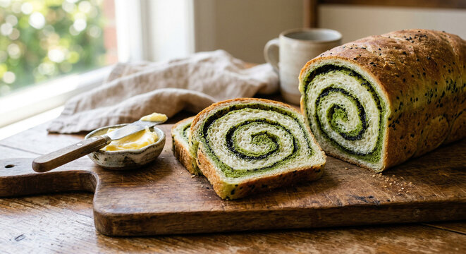 Matcha and black sesame swirl bread with butter
