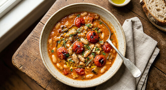 Chunky roasted tomato and white bean soup with rosemary