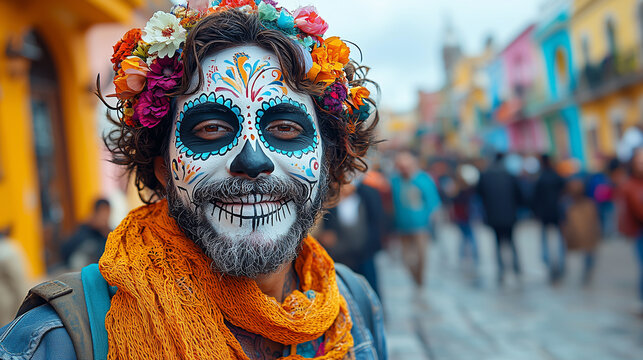 Celebrating Dia de los Muertos with colorful face paint in Mexico