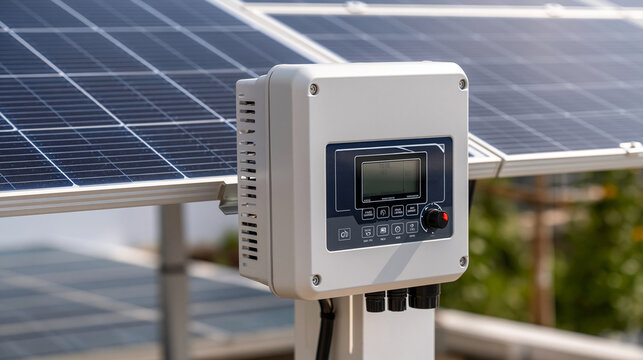 Solar inverter converting dc electricity from photovoltaic panels into ac power for green energy consumption, symbolizing sustainable energy generation and efficiency