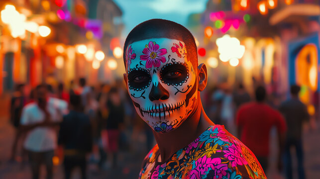 Celebrating Dia de los Muertos with vibrant street face paint!