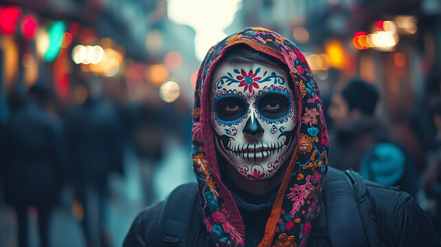 Celebrating Dia de los Muertos with colorful face paint in Mexico City