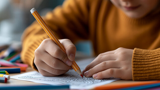 Child's hands coloring a patterned drawing with a red pencil, developing fine motor skills, focus, and creativity during early education at home or school