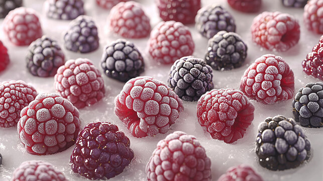 Frozen raspberries arranged on a surface ready for culinary use