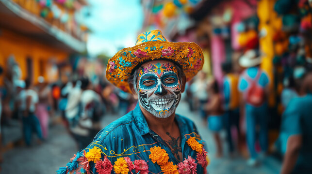 Celebration of Dia de los Muertos with vibrant colors and traditional attire