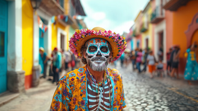 Celebrating Dia de los Muertos with colorful attire in a vibrant town