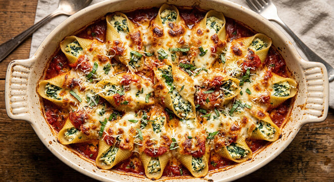 Pesto and ricotta stuffed pasta shells in tomato sauce