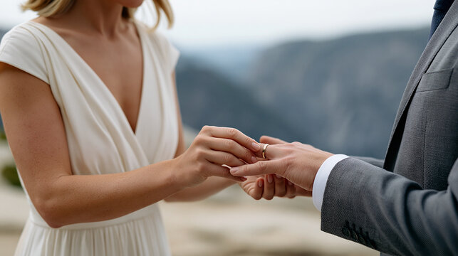 Bride putting wedding ring on groom's finger during an intimate elopement ceremony in a scenic mountain landscape, symbolizing love, commitment, and partnership, copy space