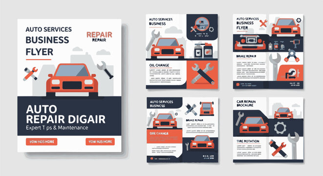 Auto repair services flyer and brochure with car and tools