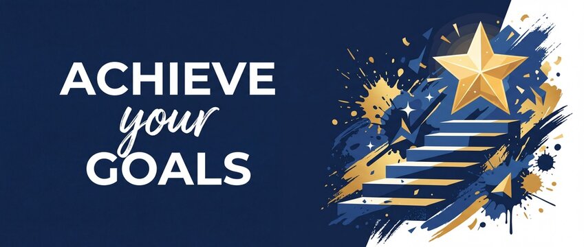 Success motivation banner with steps to golden star concept representing career growth, business achievement, personal development, milestone progress, and ambitious leadership aspirations on blue.