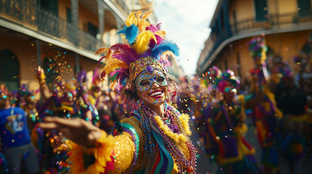 Colorful celebration during Mardi Gras festival in New Orleans streets