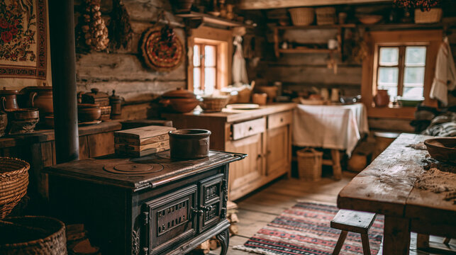 Traditional rustic kitchen interior featuring a vintage wood burning stove, old wooden furniture, pottery, and dried herbs creating a cozy, historical ambiance
