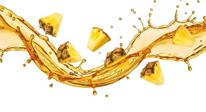 Pineapple chunks and juice splash isolated on transparent background