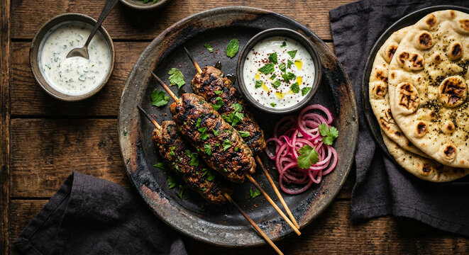 Spiced lamb kofta skewers with yogurt sauce and flatbread