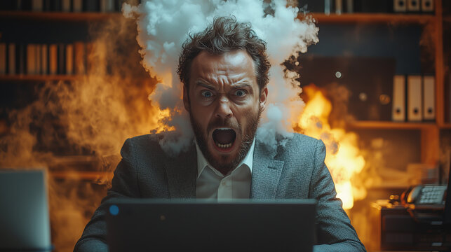 Man displaying intense frustration in a chaotic office environment