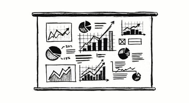 Sketchy presentation board displays various charts and graphs in black and white