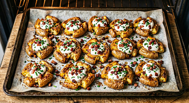 Crispy smashed potatoes with sour cream chives and pancetta